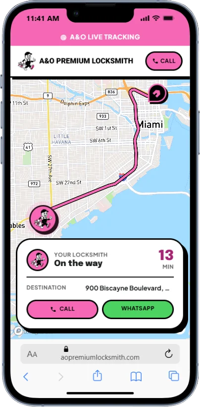 Live tracking screen on the customer's phone, showing Oscar's pink van marker moving toward the destination with an ETA